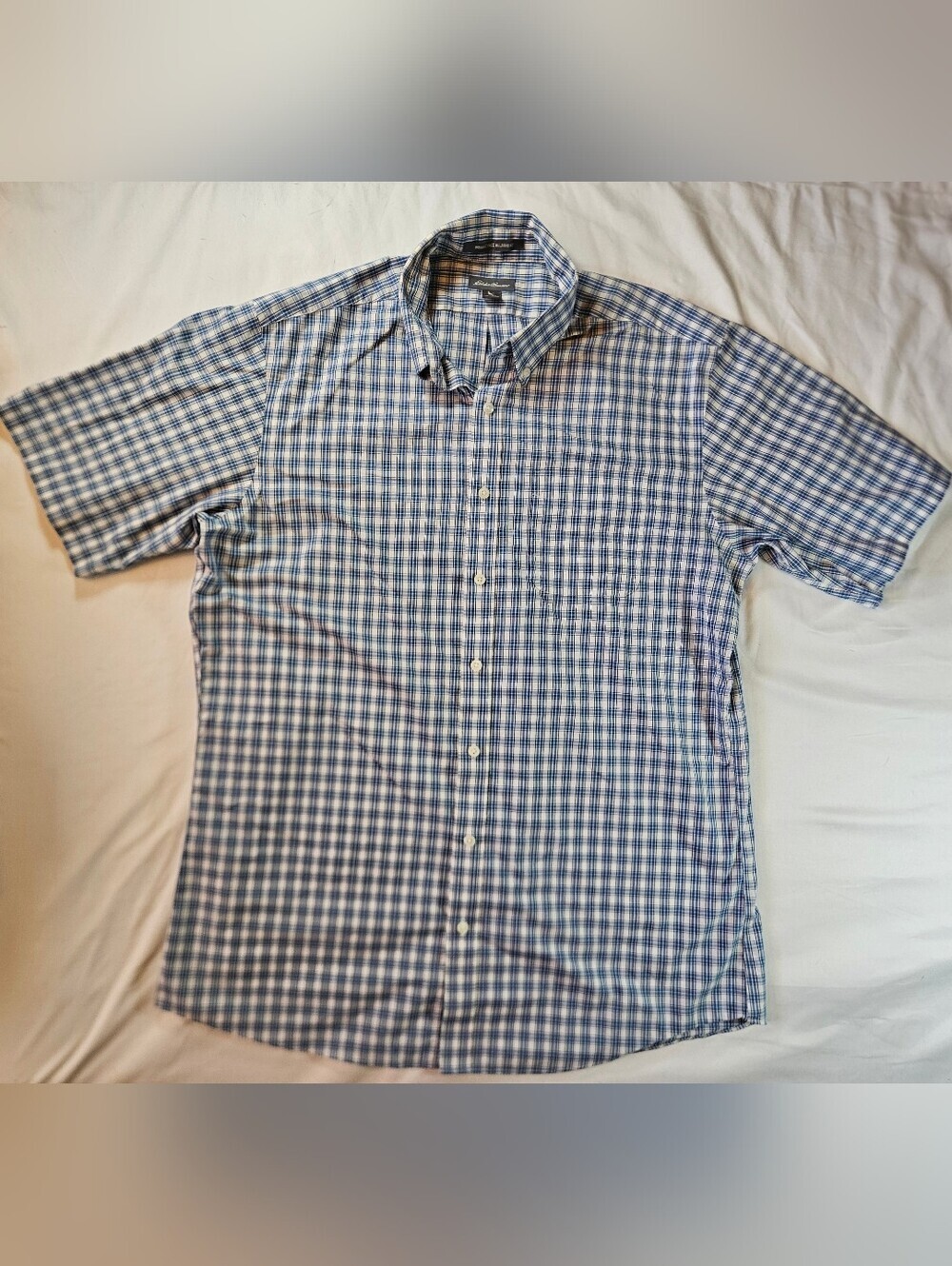 Eddie Bauer Mens Blue & White Checkered Plaid Short Sleeve Button Up Shirt Sz LT